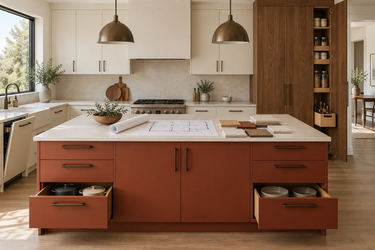 Cream kitchen cabinets and a rust red island with a walnut pantry and finish samples