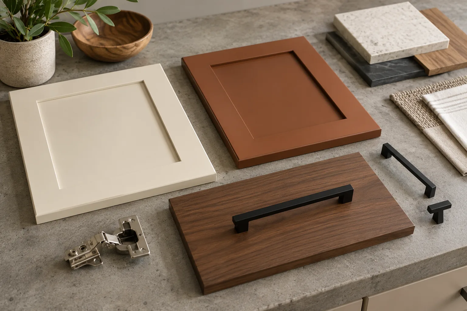 Cream, rust and walnut cabinet samples with dark handles and a hinge on a concrete table